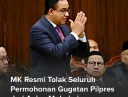 MK Resmi Tolak Seluruh Permohonan Sengketa Pilpres 2024 Yang Diajukan Anies Baswedan-Muhaimin Iskandar